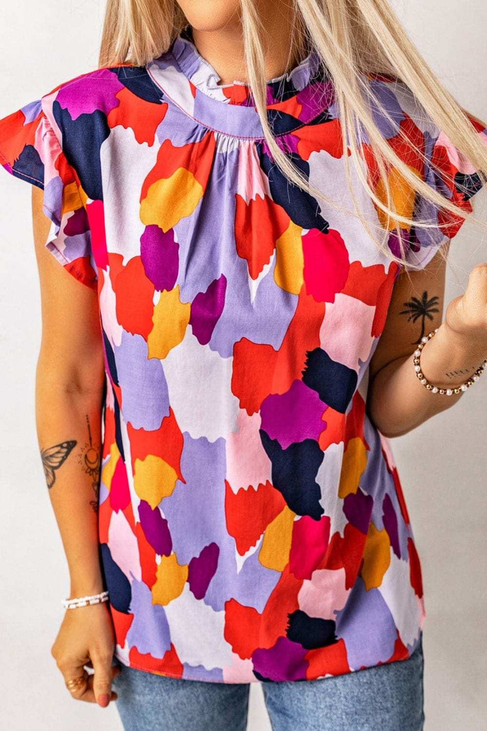 Frill Printed Mock Neck Cap Sleeve Blouse - Trendsi - Flyclothing LLC