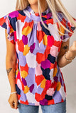Frill Printed Mock Neck Cap Sleeve Blouse - Trendsi - Flyclothing LLC