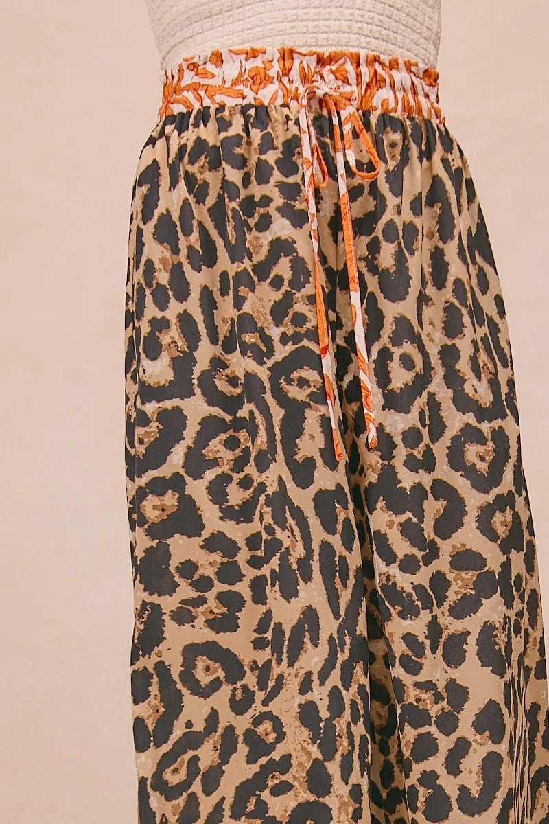 BiBi Leopard Print With Contrast Banded Wide Pants - Trendsi - Flyclothing LLC