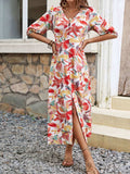 Printed V-Neck Half Sleeve Midi Dress - Trendsi - Flyclothing LLC