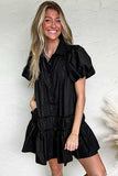Button Down Puff Sleeve Ruffle Hem Dress - Trendsi - Flyclothing LLC