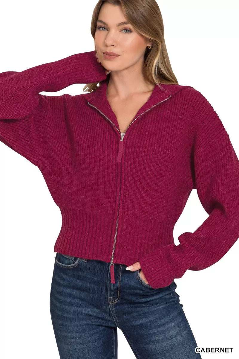 Zenana Ribbed Collared Zip Up Sweater Cardigan - Trendsi - Flyclothing LLC