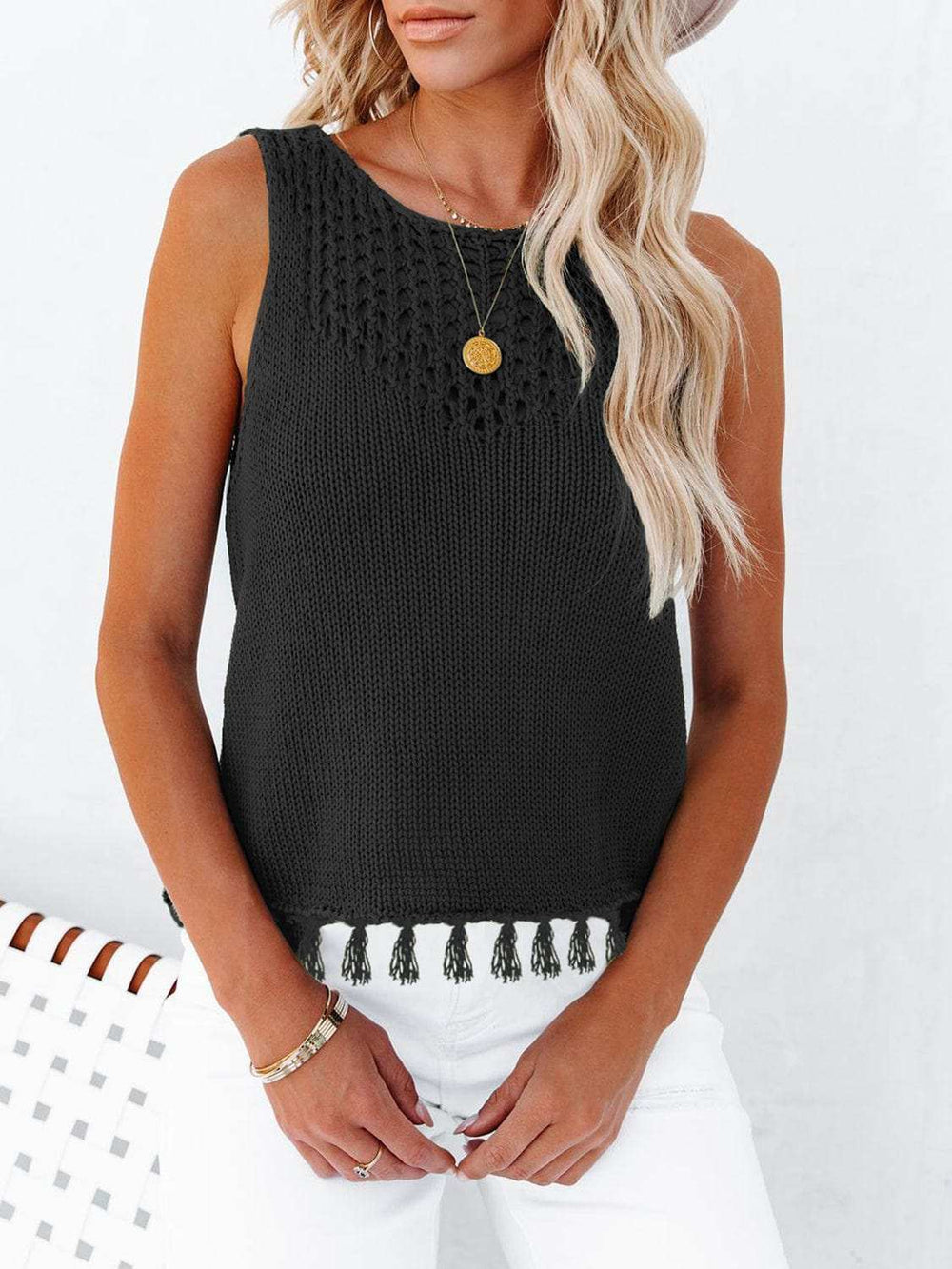 Cutout Tassel Round Neck Tank - Trendsi - Flyclothing LLC
