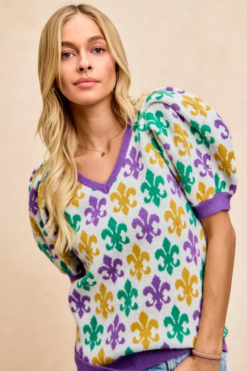 BiBi Mardi Gras Fleur De Lis Patterned V Neck Knit Top - Trendsi - Flyclothing LLC