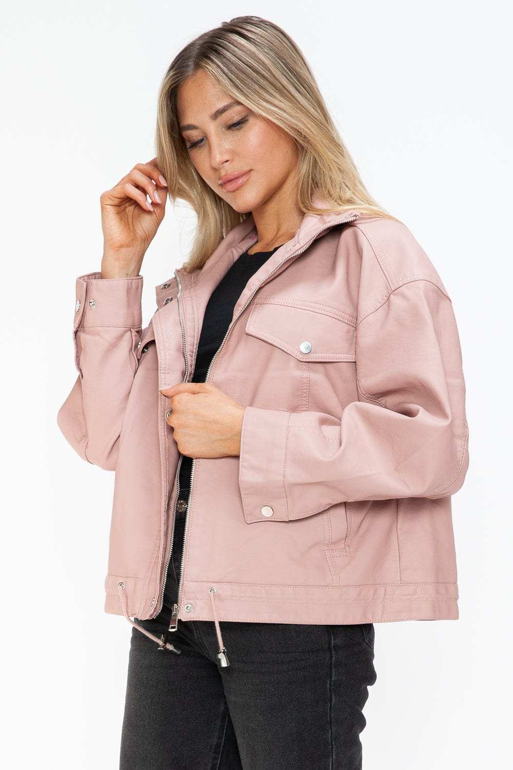 How Dare U Drawstring Hem PU Leather Zip Up Jacket - Trendsi - Flyclothing LLC