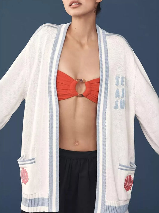 Seashell Embroidered Open Front Cardigan - Trendsi - Flyclothing LLC