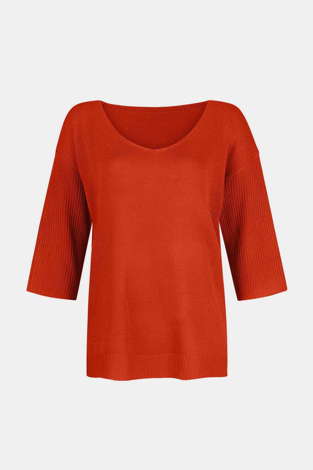 V-Neck Three-Quarter Sleeve Knit Top - Trendsi - Flyclothing LLC