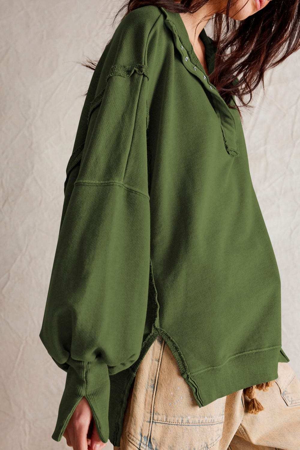 Exposed Seam Side Slit Long Sleeve Sweatshirt - Trendsi - Flyclothing LLC