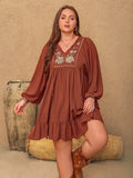 Plus Size Embroidered Tie Neck Balloon Sleeve Mini Dress - Trendsi - Flyclothing LLC