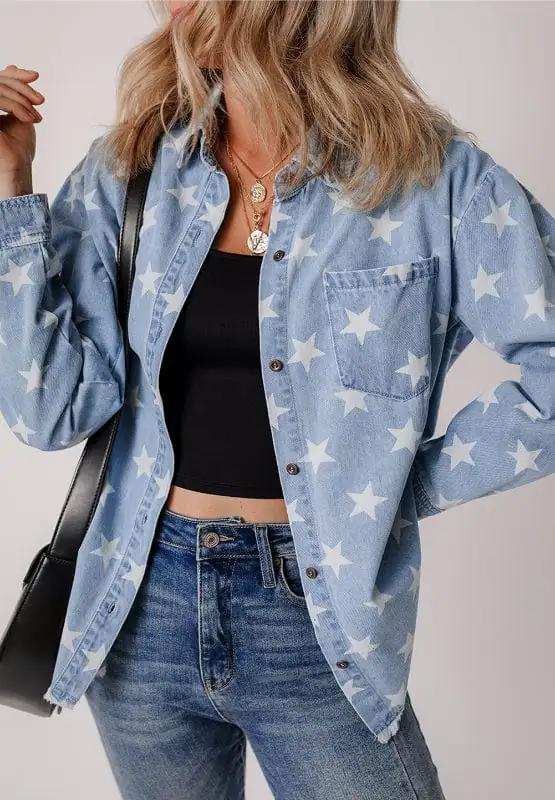 Raw Hem Star Collared Neck Denim Top - Trendsi - Flyclothing LLC