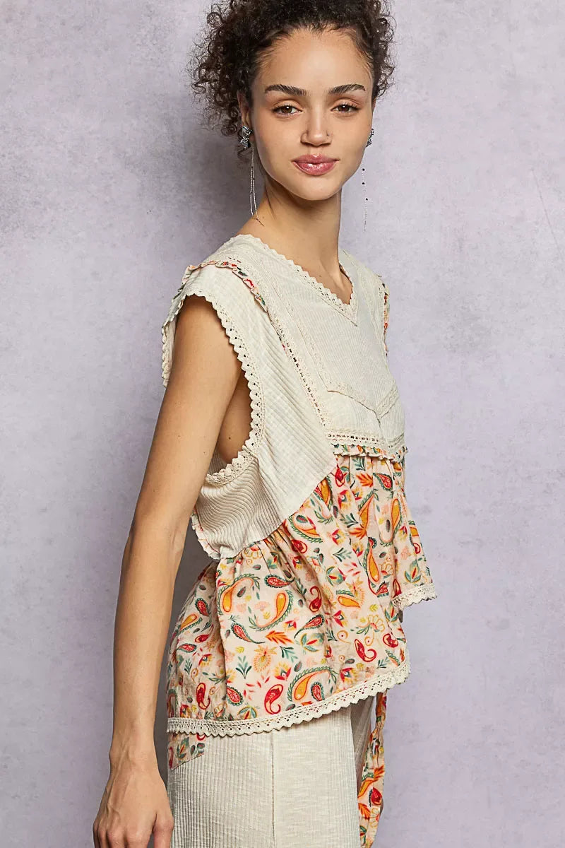 POL Lace Detail Floral Cropped Ruffled Top - Trendsi - Flyclothing LLC