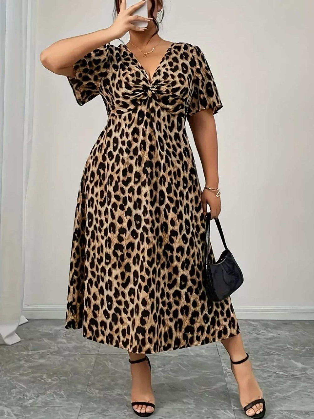 Plus Size Twisted Front Leopard Short Sleeve Dress - Trendsi - Flyclothing LLC