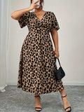 Plus Size Twisted Front Leopard Short Sleeve Dress - Trendsi - Flyclothing LLC