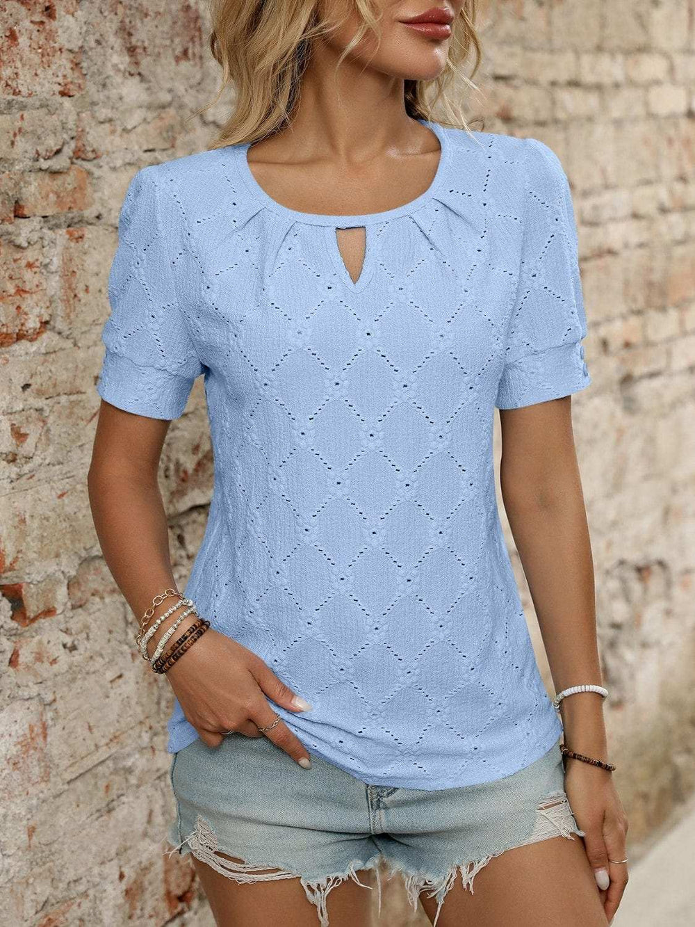 Eyelet Round Neck Short Sleeve Top - Trendsi - Flyclothing LLC