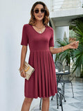 Pleated V-Neck Short Sleeve Tee Dress - Trendsi - Flyclothing LLC