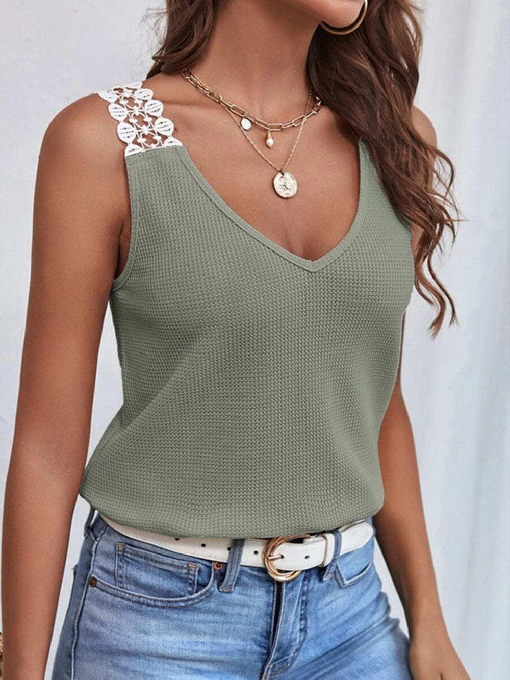 Lace Detail Waffle-Knit V-Neck Tank - Trendsi - Flyclothing LLC