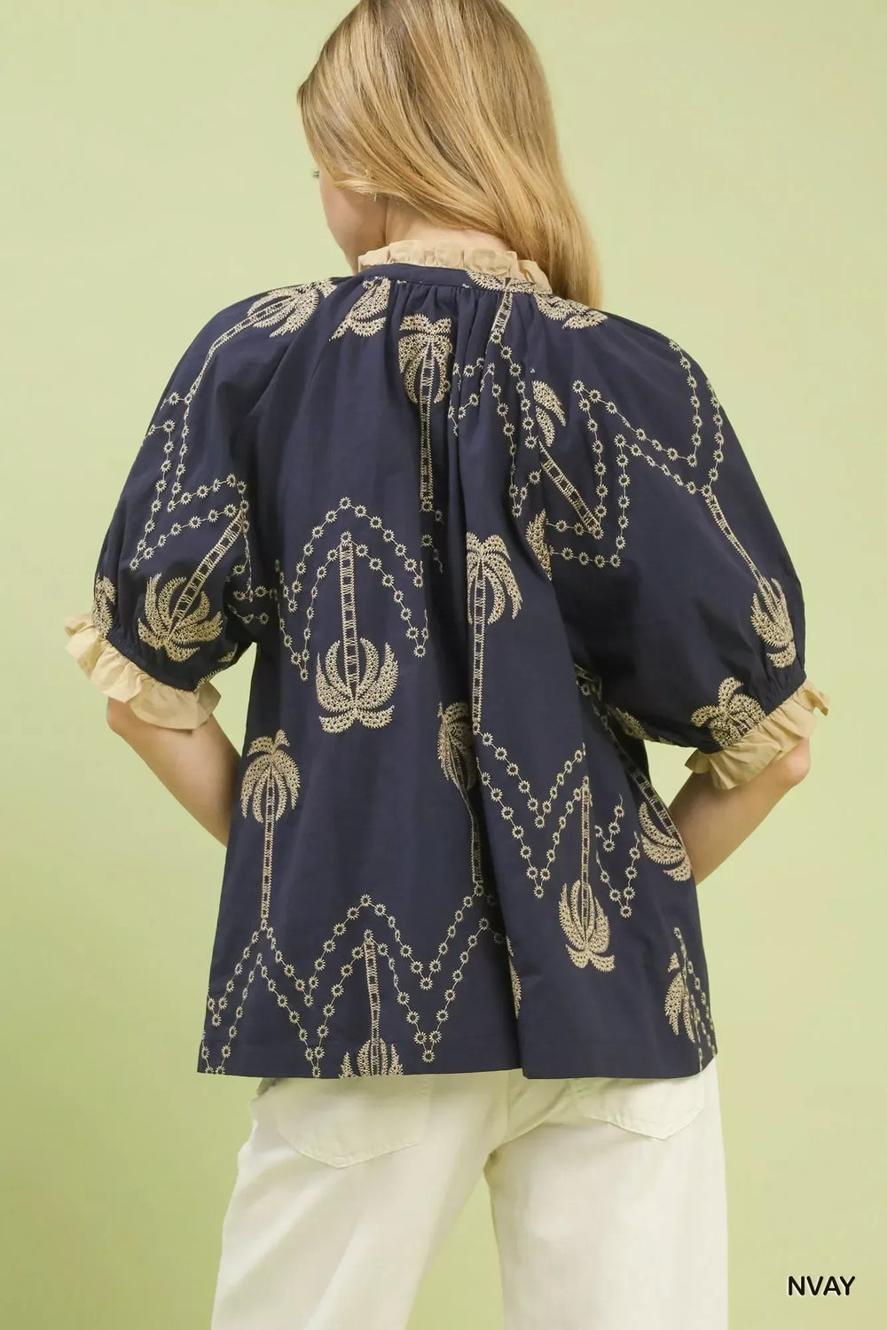 Umgee Embroidered Palm Print Tassel Tie Blouse - Trendsi - Flyclothing LLC