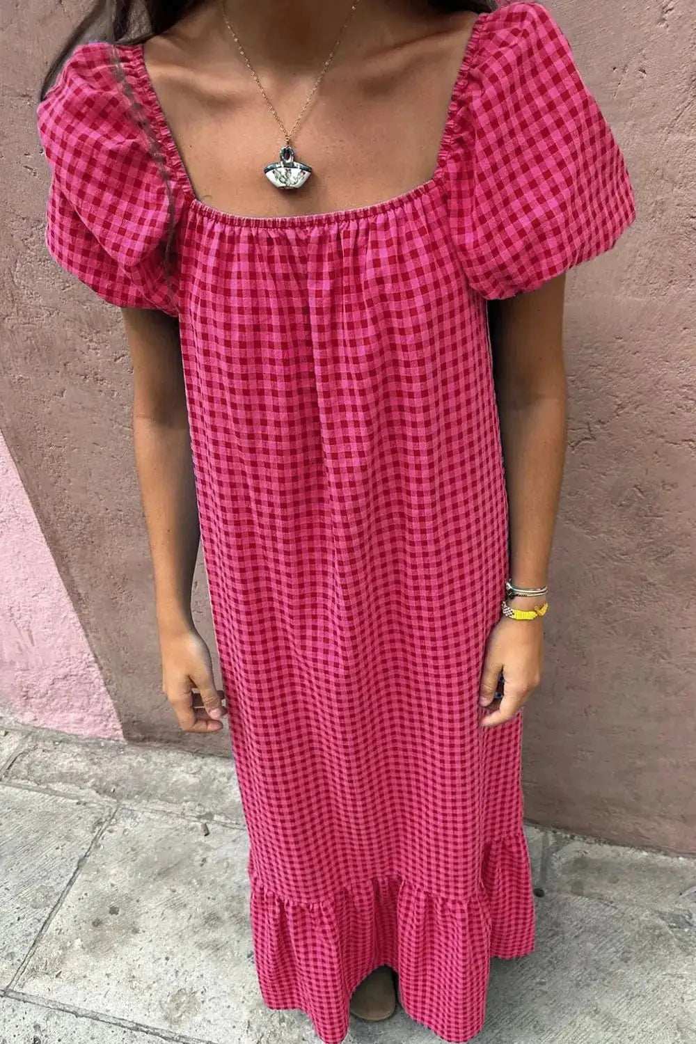 SYNZ Gingham Check Bubble Sleeve Ruffled Maxi Dress - Trendsi - Flyclothing LLC