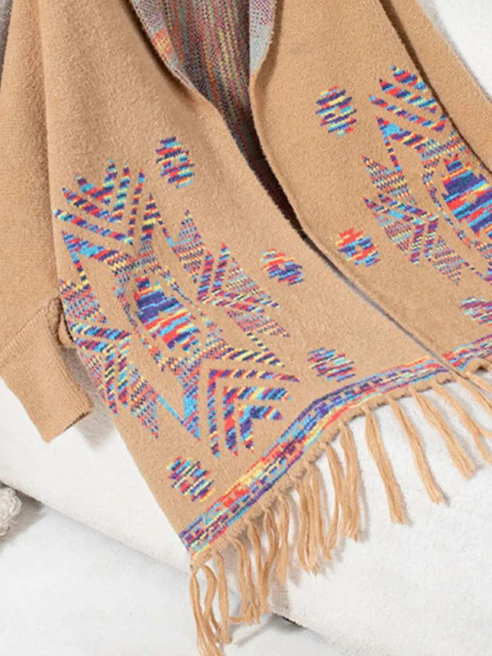 Fringe Geometric Open Front Long Sleeve Cape - Trendsi - Flyclothing LLC