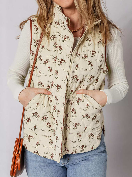 Floral Print Zip Up Quilted Vest - Trendsi - Flyclothing LLC
