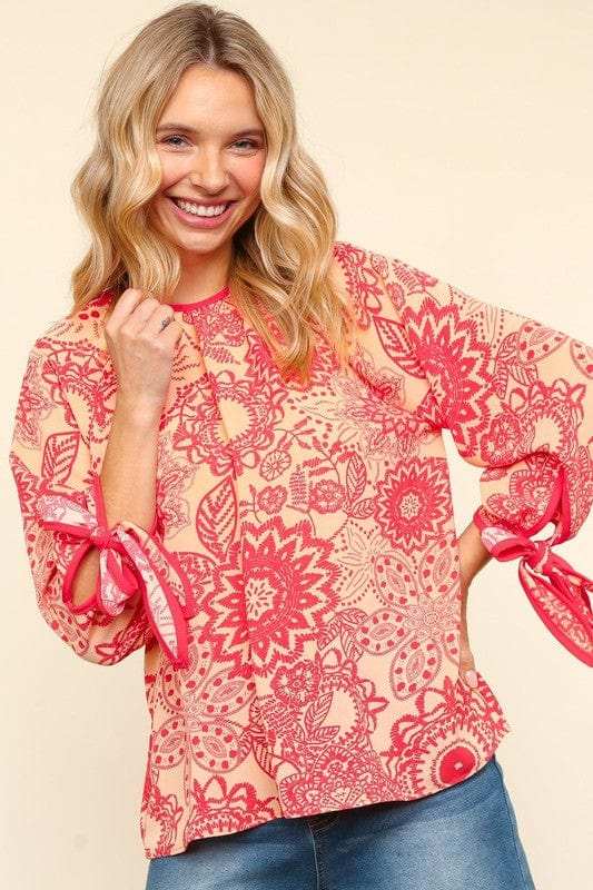Haptics Ribbon Bow Detail Floral Round Neck Blouse - Trendsi - Flyclothing LLC