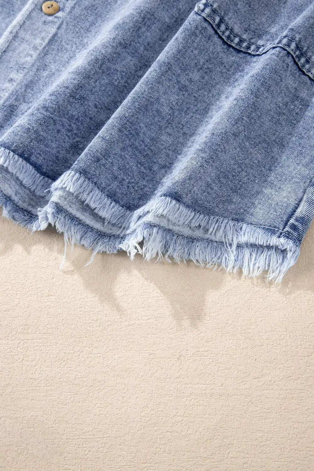 Raw Hem Button Down Long Sleeve Denim Dress - Trendsi - Flyclothing LLC