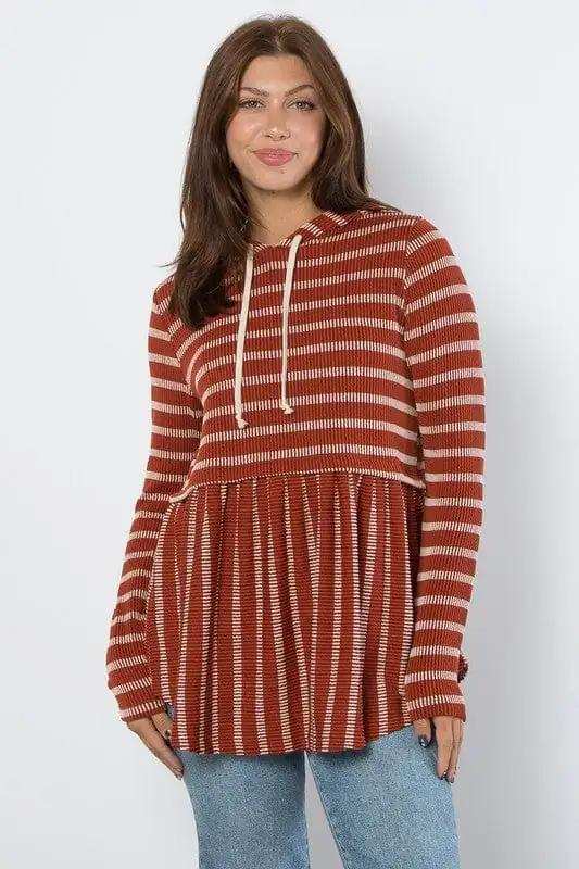 Be Stage Full Size Drawstring Striped Babydoll Hoodie - Trendsi - Flyclothing LLC