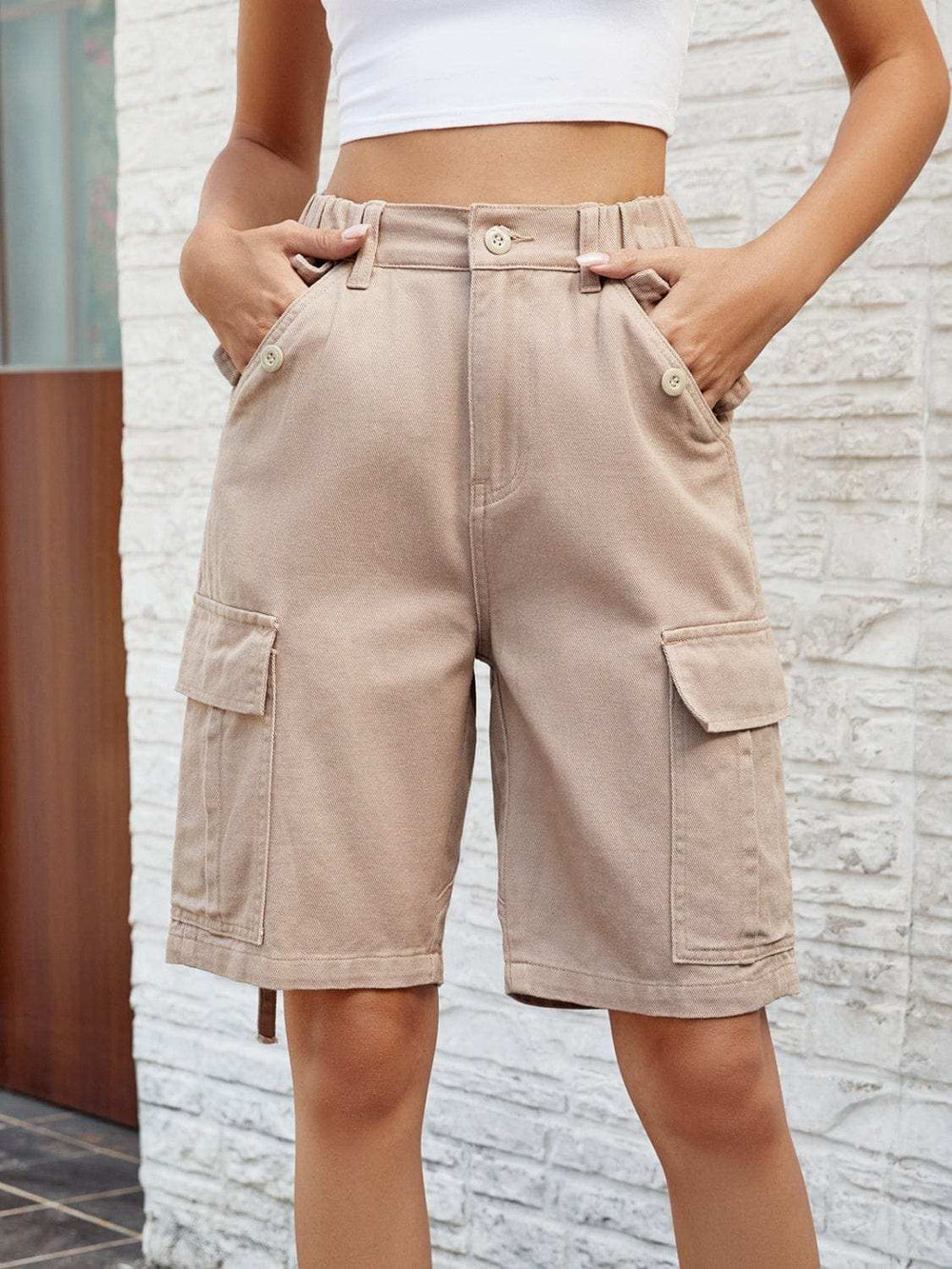 High Waist Denim Shorts with Pockets - Trendsi - Flyclothing LLC