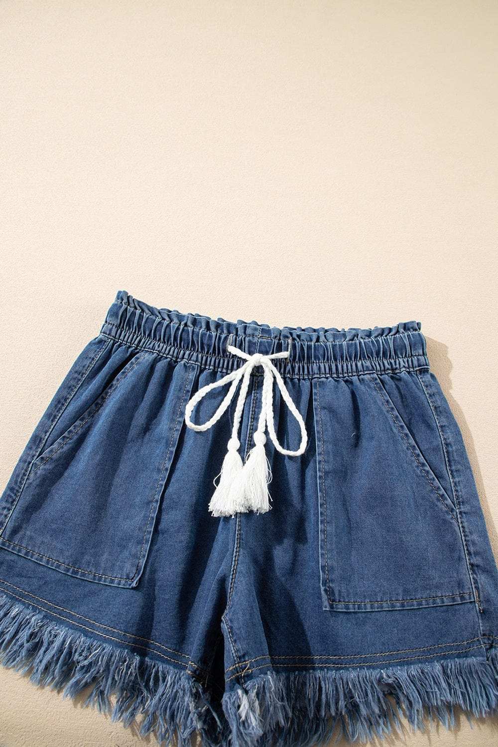 Raw Hem Drawstring High Waist Denim Shorts with Pockets - Trendsi - Flyclothing LLC