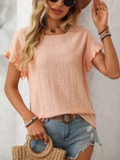 Mandy Eyelet Round Neck Short Sleeve Top - Trendsi - Flyclothing LLC