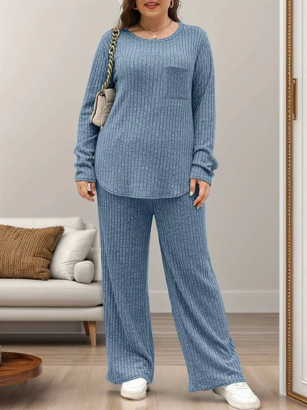 Round Neck Long Sleeve Top and Pants Set - Trendsi - Flyclothing LLC