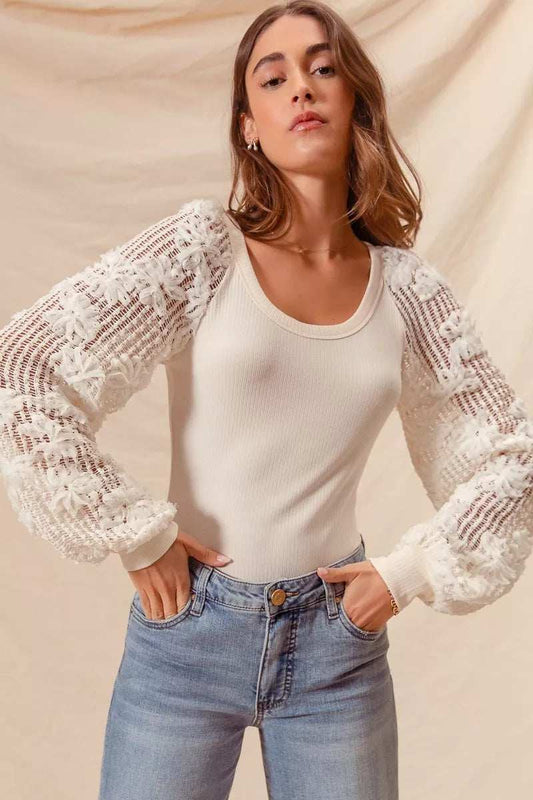 SO ME Rib Knit Top with Lace Balloon Sleeves - Trendsi - Flyclothing LLC