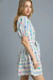 Umgee Printed Tie Waist Puff Short Sleeve Mini Dress - Trendsi - Flyclothing LLC