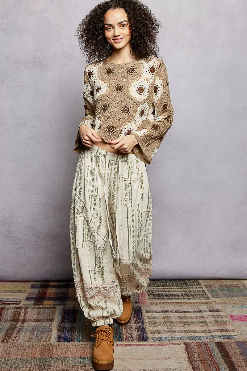 POL Floral Weave Pattern Crochet Cropped Top with Beads Detail - Trendsi - Flyclothing LLC