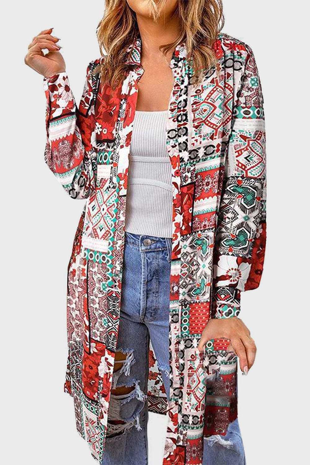Printed Button Up Long Sleeve Cardigan - Trendsi - Flyclothing LLC