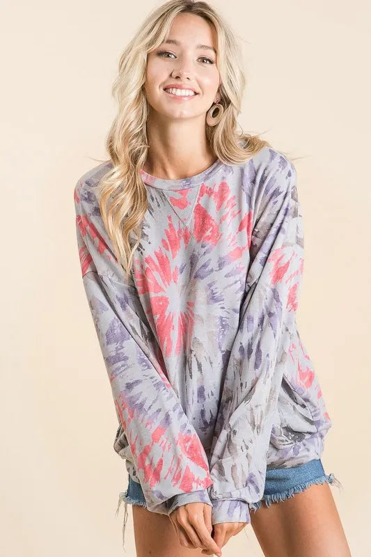 BiBi Tie Dye Print Terry Pull Over - Trendsi - Flyclothing LLC