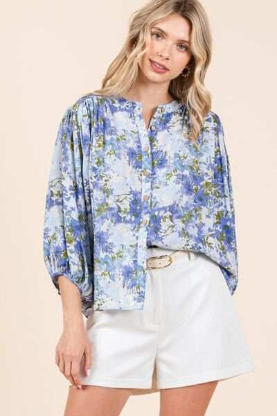 Mittoshop Flower Print Batwing Sleeve Button Down Blouse - Trendsi - Flyclothing LLC