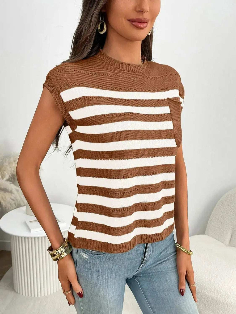 Striped Mock Neck Cap Sleeve Knit Top - Trendsi - Flyclothing LLC