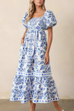 Smocked Printed Square Neck Puff Sleeve Dress - Trendsi - Flyclothing LLC