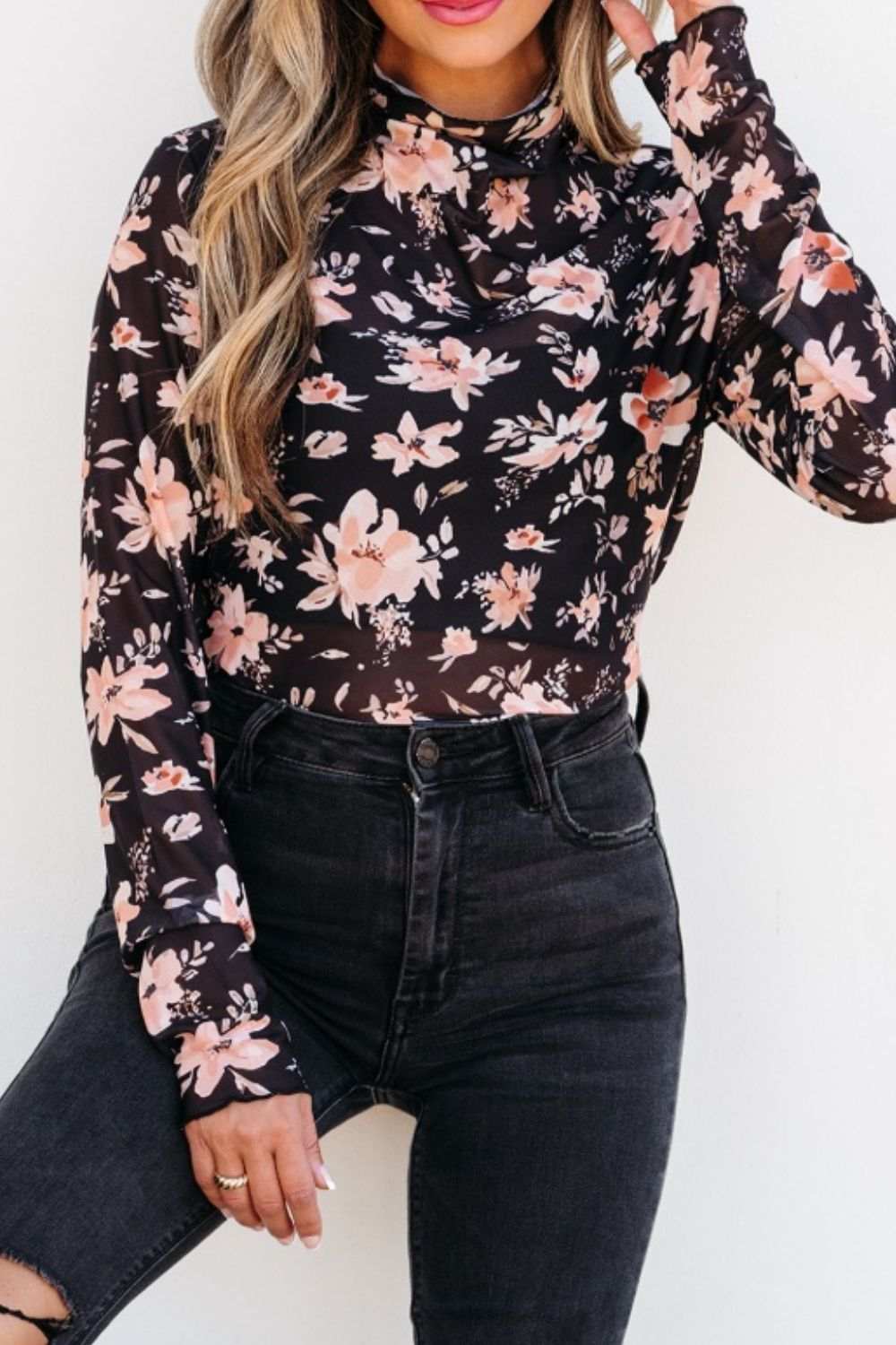 Floral Mock Neck Long Sleeve Blouse - Trendsi - Flyclothing LLC