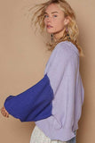 POL Exposed Seam Contrast V-Neck Lantern Sleeve Sweater - Trendsi - Flyclothing LLC