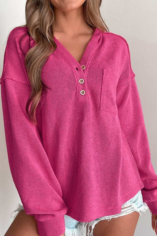 Exposed Seam Detail Henley Knit Hoodie - Trendsi - Flyclothing LLC