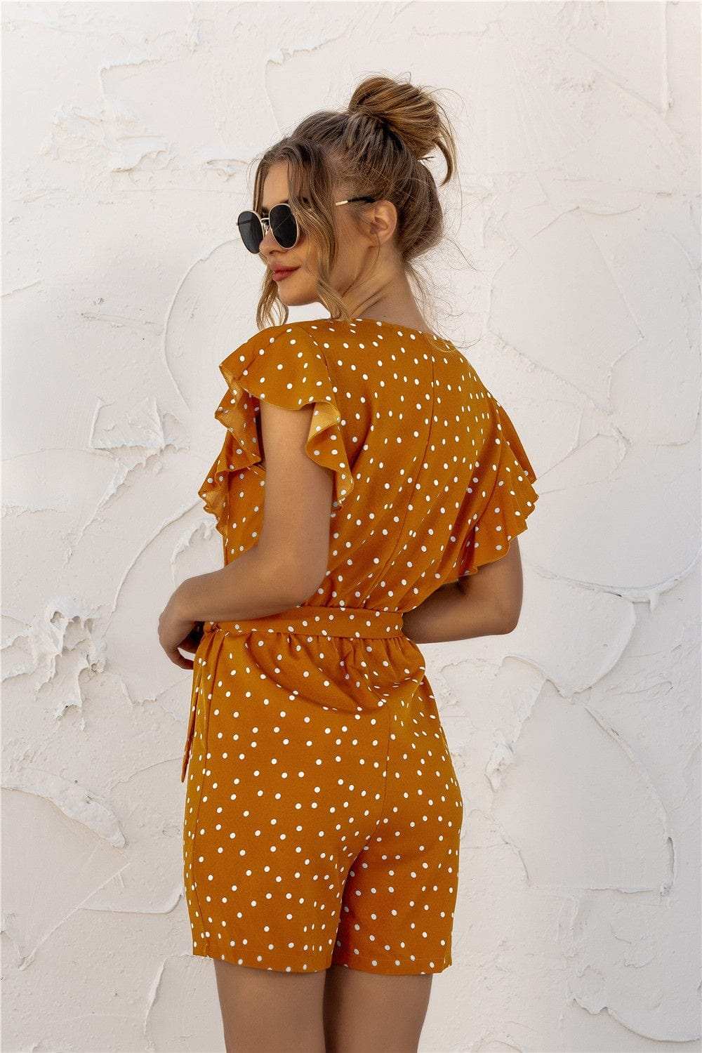 Ruffled Polka Dot Half Button Romper - Trendsi - Flyclothing LLC