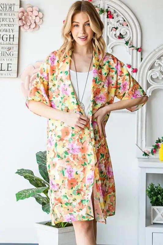 Heimish Full Size Half Sleeve Multi Color Floral Open Cardigan Plus Size - Trendsi - Flyclothing LLC