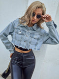 Distressed Raw Hem Cropped Denim Jacket - Trendsi - Flyclothing LLC