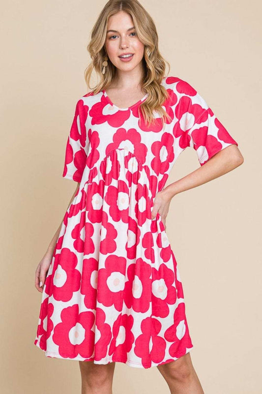 BOMBOM Flower Print Ruched Dress - Trendsi - Flyclothing LLC