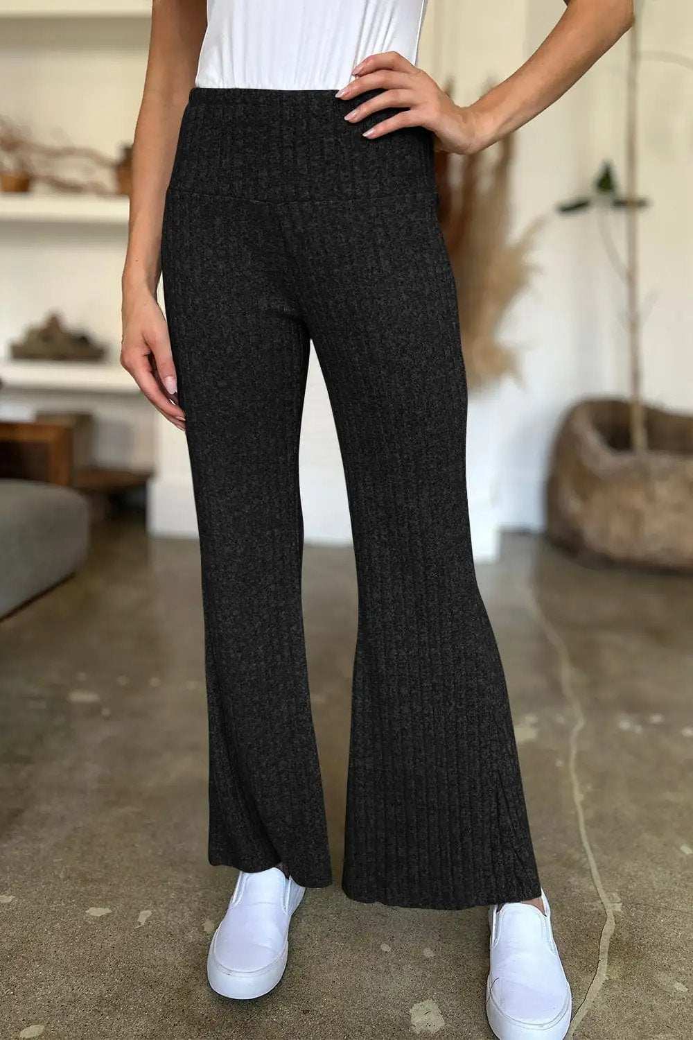 Ribbed High Waist Flare Pants - Trendsi - Flyclothing LLC