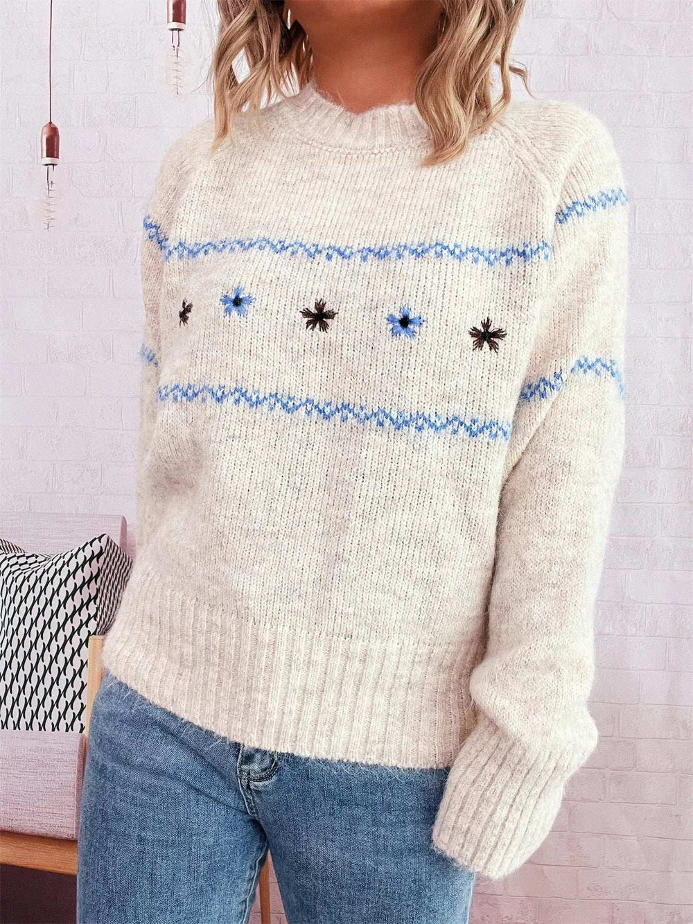 Ribbed Hem Flower Long Sleeve Sweater - Trendsi - Flyclothing LLC