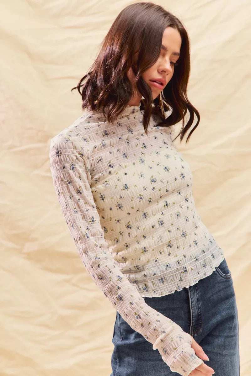SO ME Floral Print Textured Long Sleeve Knit Top - Trendsi - Flyclothing LLC