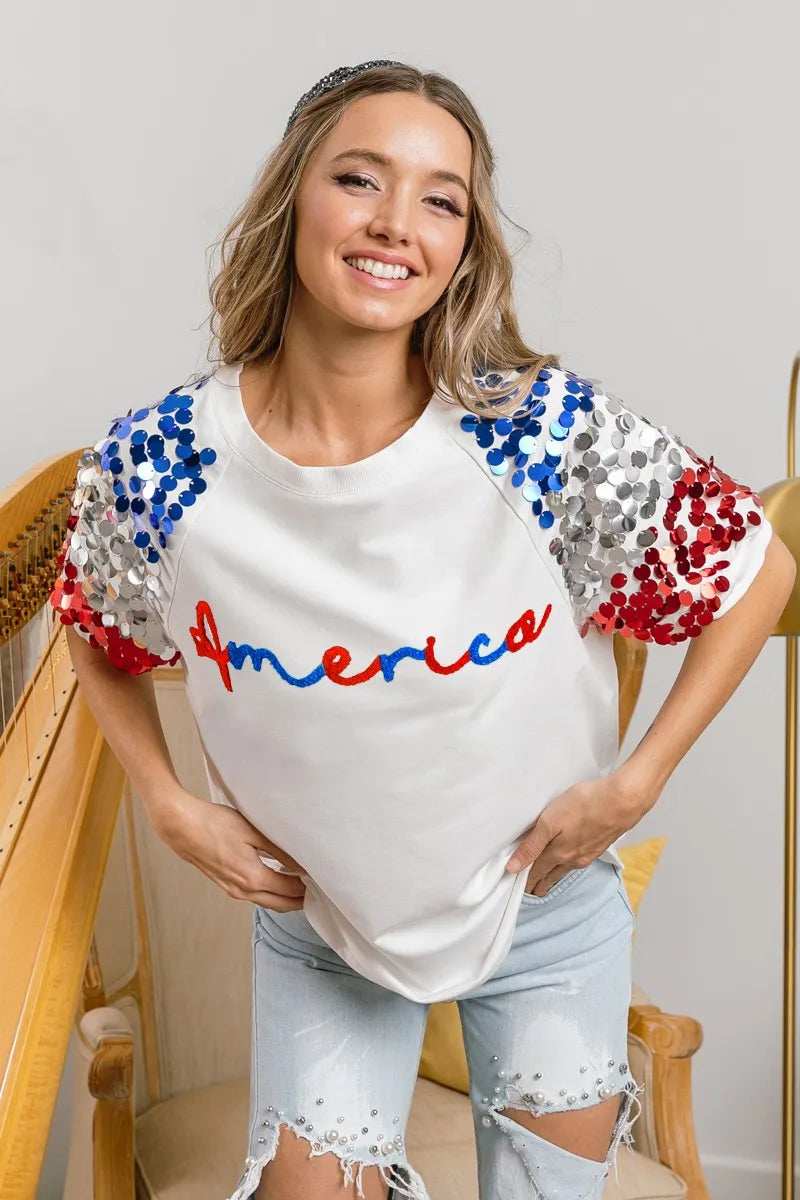 BiBi America Letter Applique Spangle Puff Sleeves Top - Trendsi - Flyclothing LLC